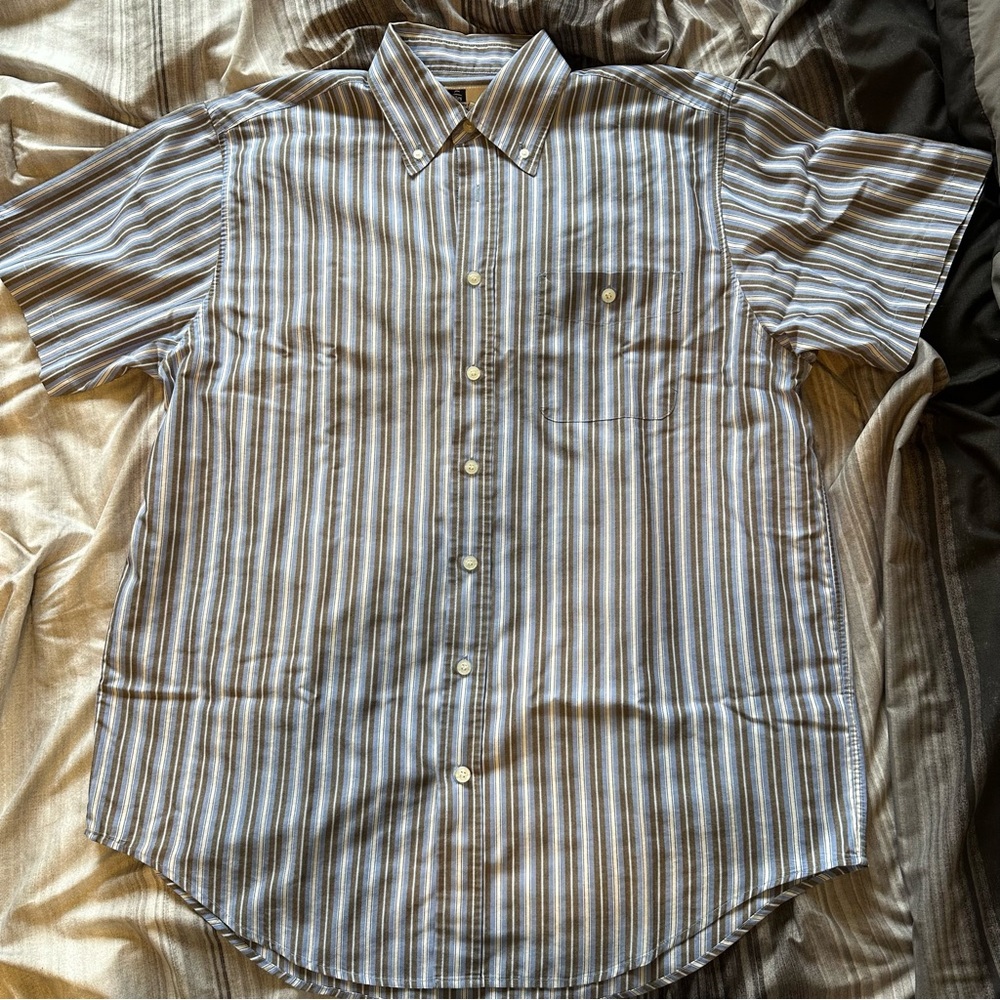 Tilley Short Sleeved Blue White and Grey Mens Short Sleeved Button Up Shirt XL